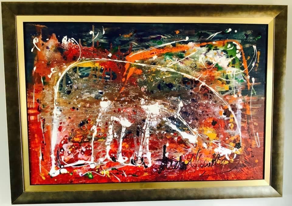 Polar Bear in Northern Lights, textured acrylic on canvas, by Ludolf Grollé